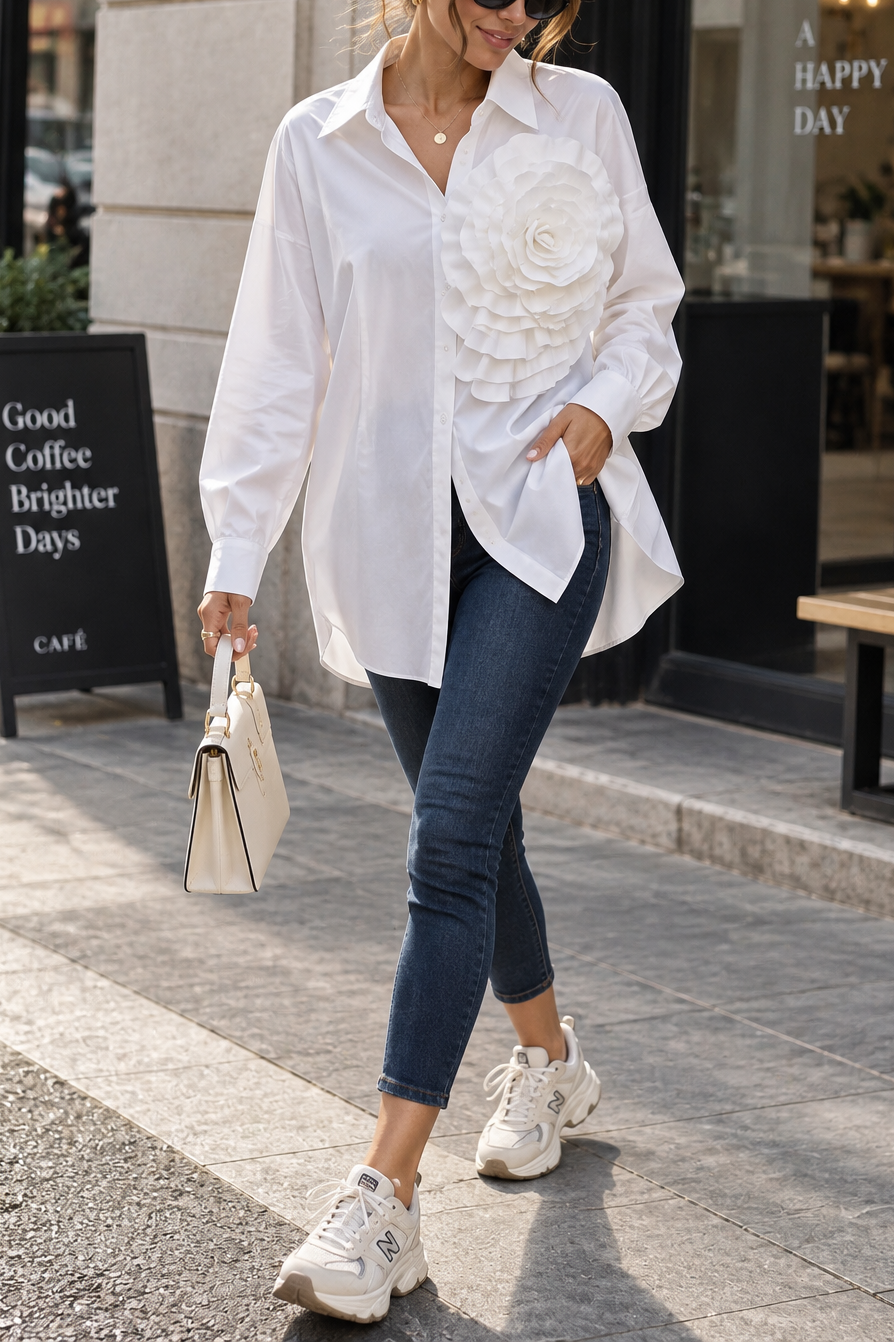 Women's Oversized White Button Down Shirt 3D Floral Applique Long Sleeve Collared Blouse Casual Chic Dressy Party Office Tops
