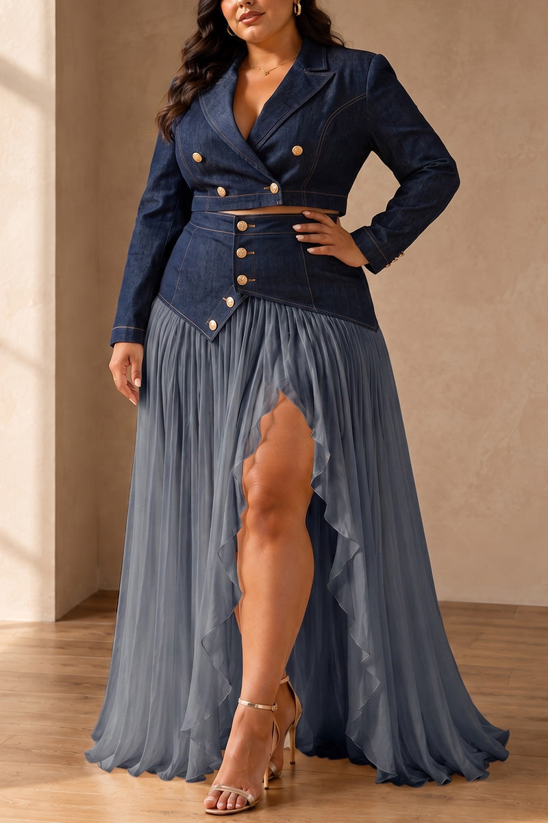 Women's 2-Piece Fitted Blazer High-Waist Pleated Chiffon Denim Skirt Set