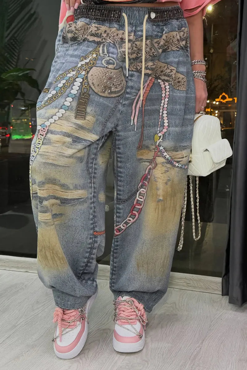 Women's Casual Chain Pattern Print Loose Jeans