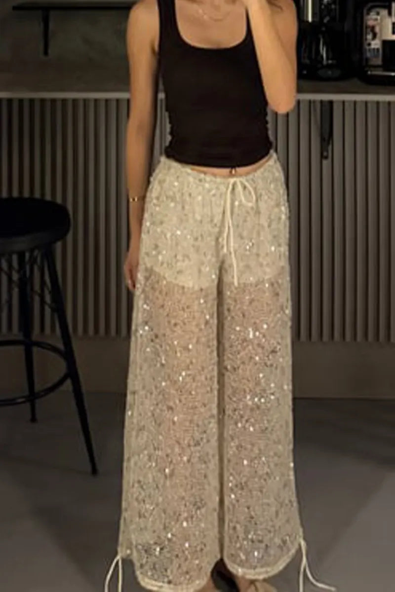 Women's Drawstring Patchwork Sequin See Through Casual Pants