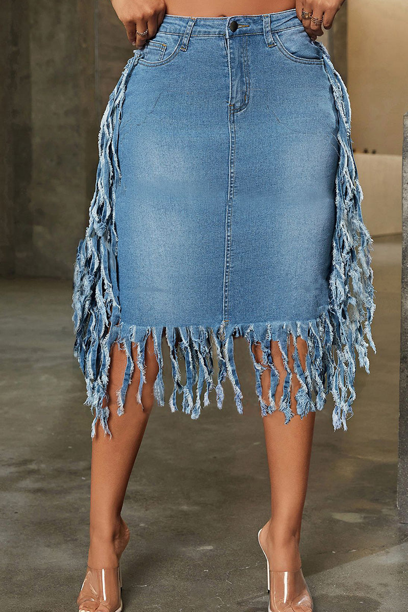 Women's Vintage Washed Cowgirl Skirt With Tassels