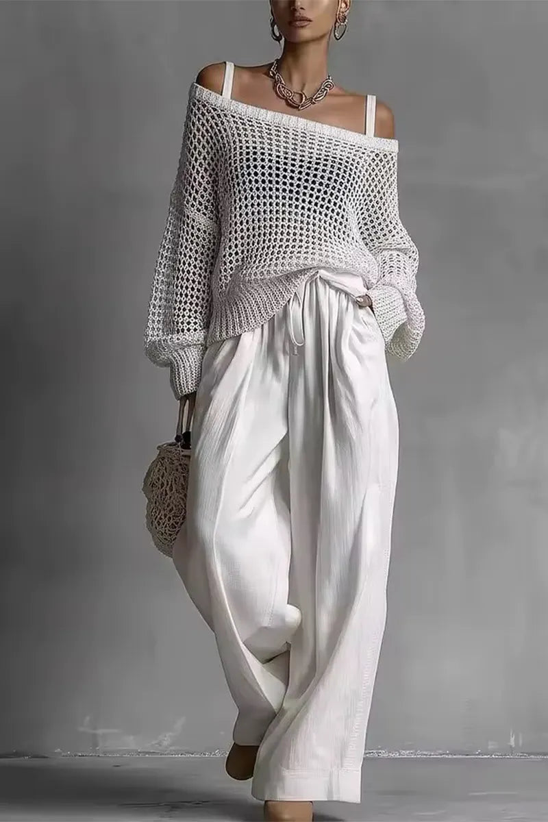 Women Suspender Woven Hollow Cover Shirt + Pants Casual Suit