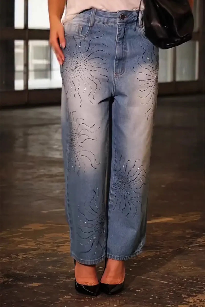 Women's Fashion Pattern Rhinestone Wide Leg Jeans