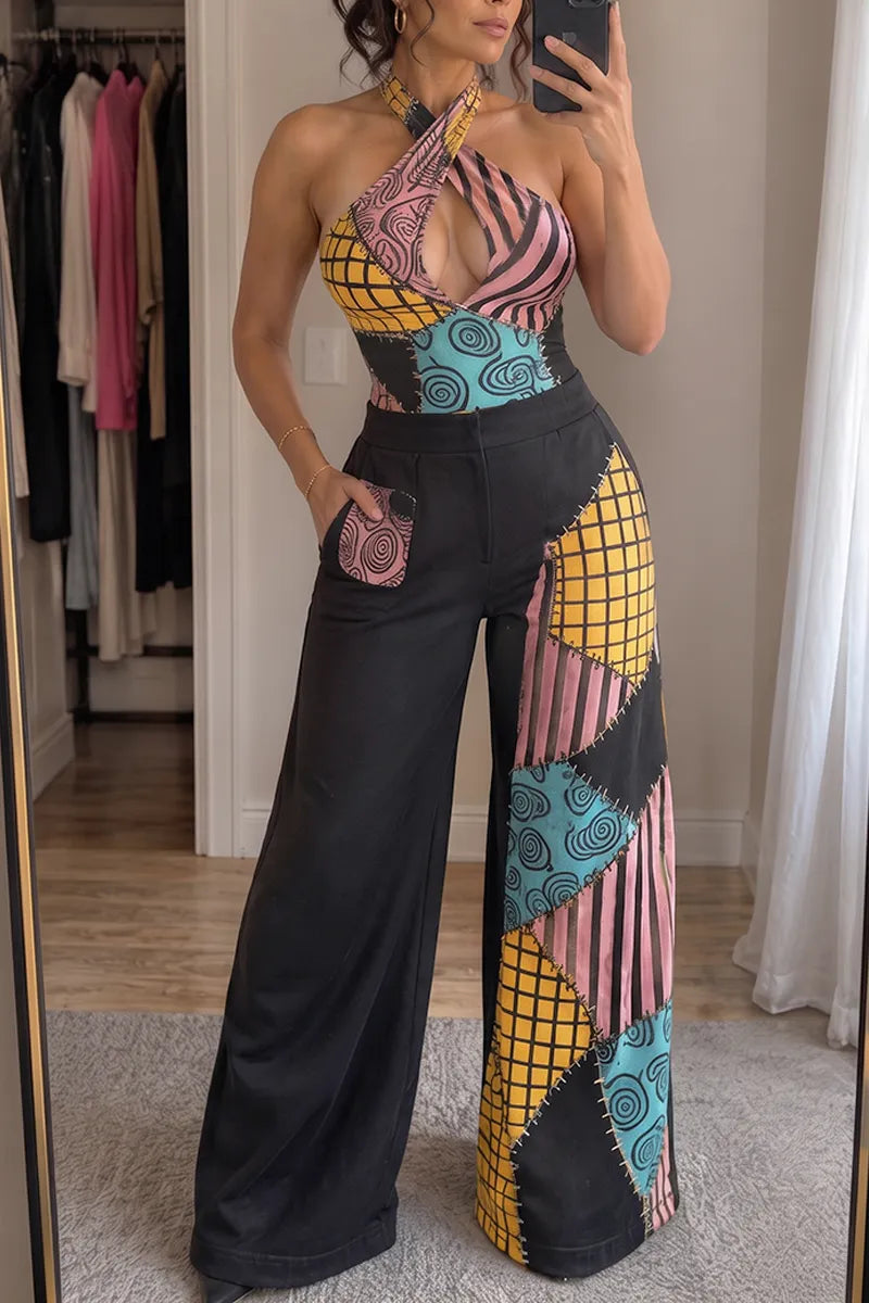 Women's The Nightmare Before Christmas Sally Patchwork Halter Wide Leg Jumpsuit