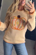 Women Crew Neck Knitted Embroidered Thanksgiving Casual Sweater