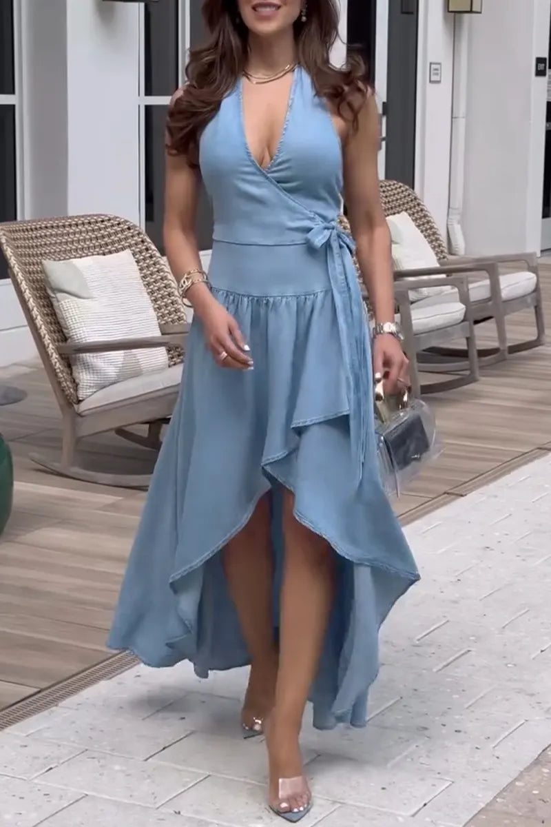 Women's Elegant V Neck Denim Vest + Asymmetric Hem Skirt Set