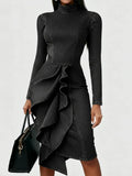 Elegant Multi-layered Ruffle Hem Denim Dress