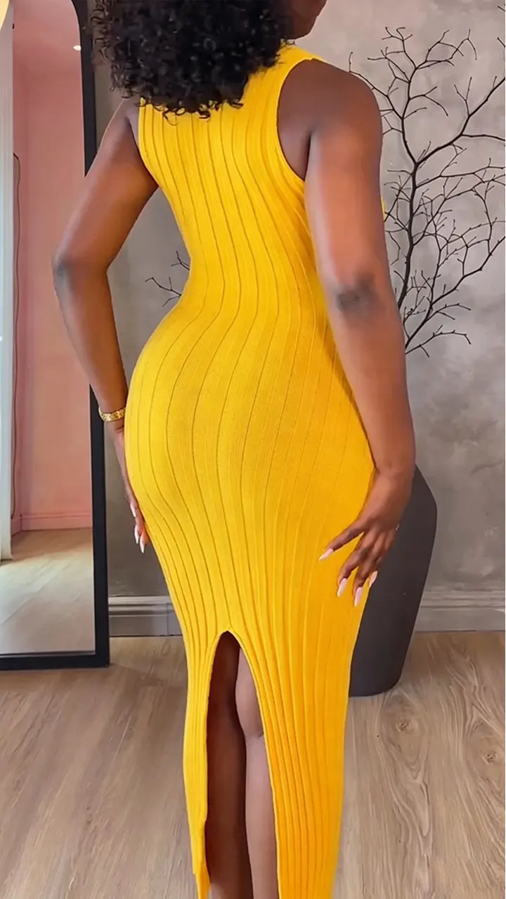 Women Round Neck Sleeveless Hollow Waist Solid Color Elegant Temperament Dress