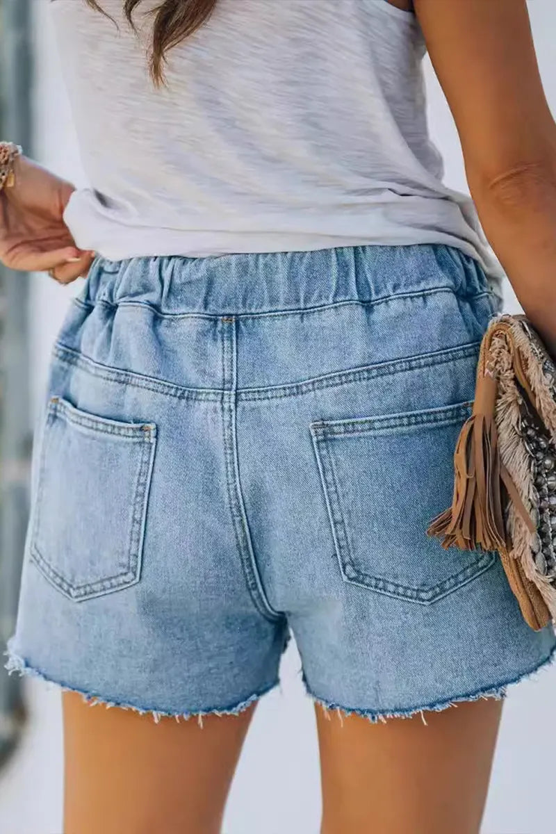 Women's Casual Elastic Waist Ripped Denim Shorts