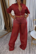Women's Round Neck Zipper Short Jacket+ Patchwork Pants Casual Set