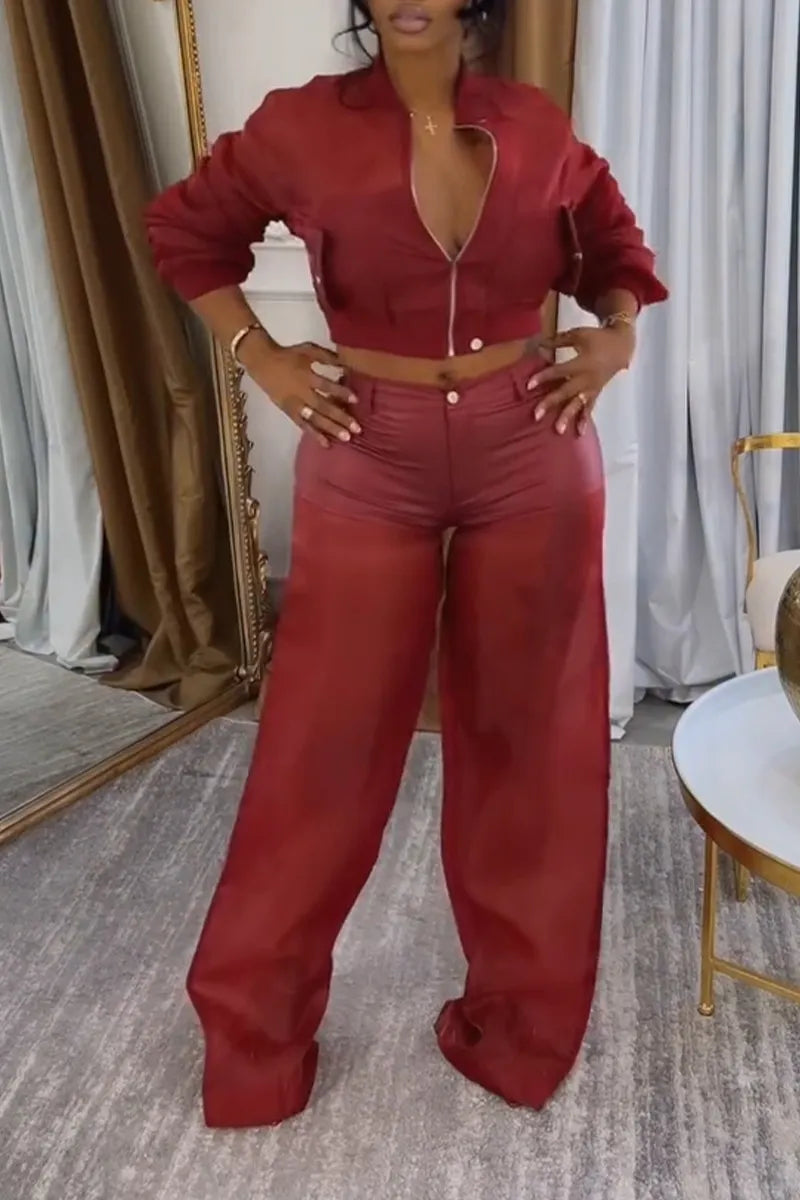 Women's Round Neck Zipper Short Jacket+ Patchwork Pants Casual Set