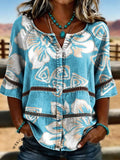 Women's Vintage Floral Print Casual Hollow-Out Denim Shirt