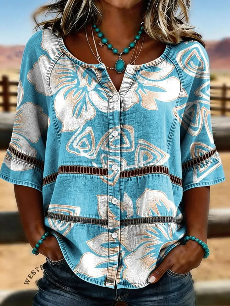 Women's Vintage Floral Print Casual Hollow-Out Denim Shirt