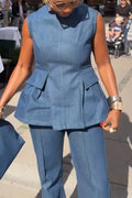 Women's Round Neck Back Hollow Strap Denim Top or Flared Jeans