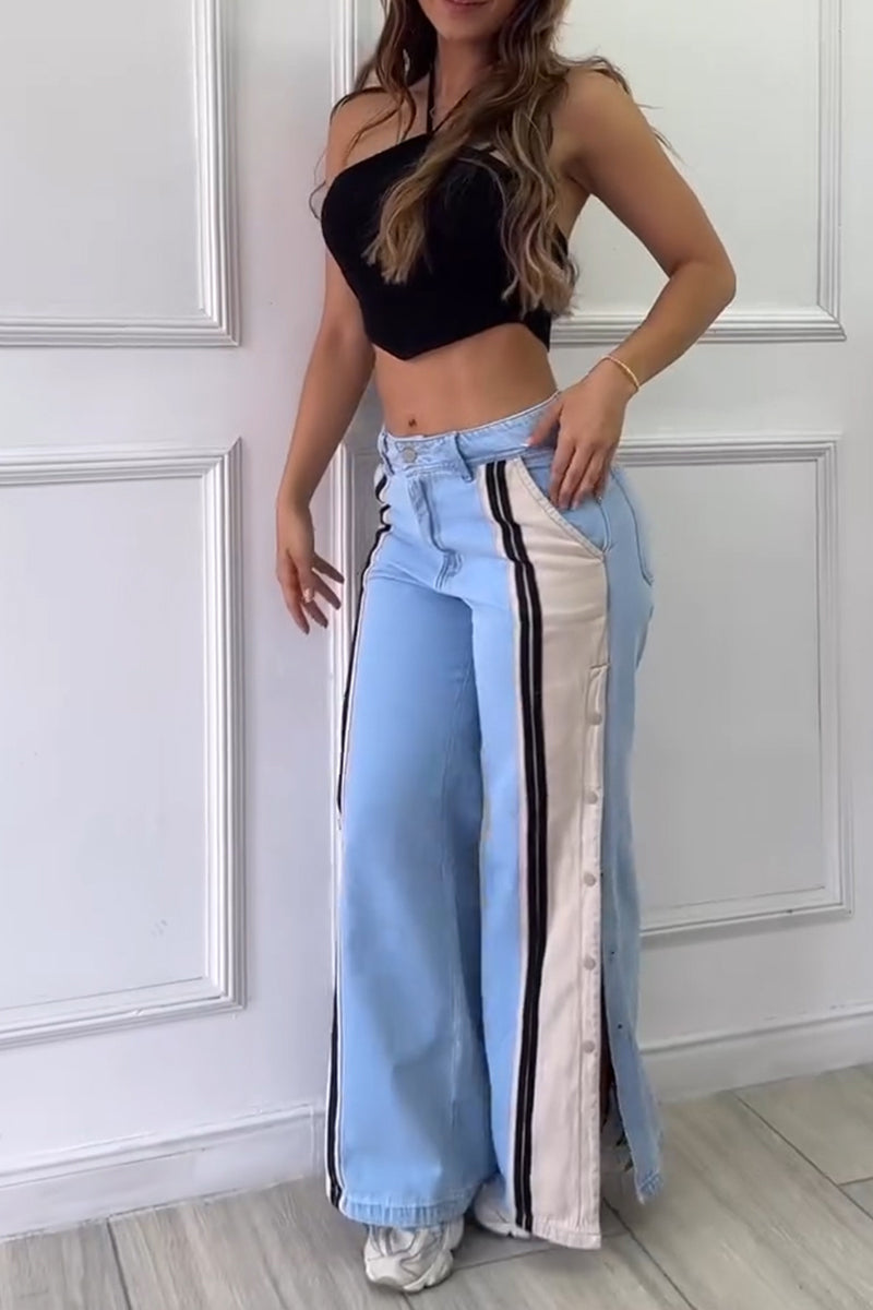 Women's Casual Side Button Color Block Jeans