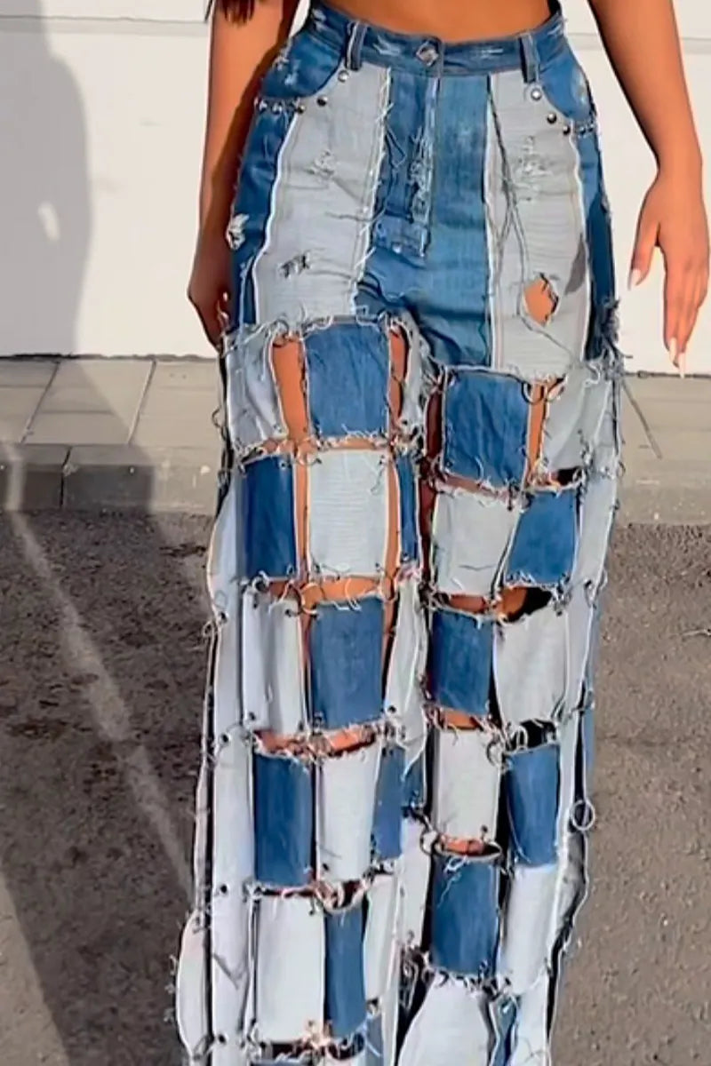 women's White Base Patch Denim Raw Fray Edge Sleeveless Cropped Tank Top Or High Waist Multi Wash Patchwork Fray Cutout Wide Leg Baggy Denim Pants