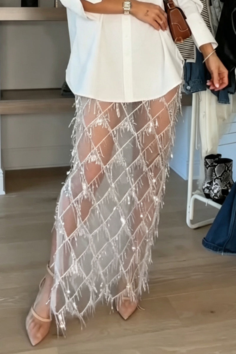 Women's Fashion Classic Loose Shirt or Sequins Fringe Skirt