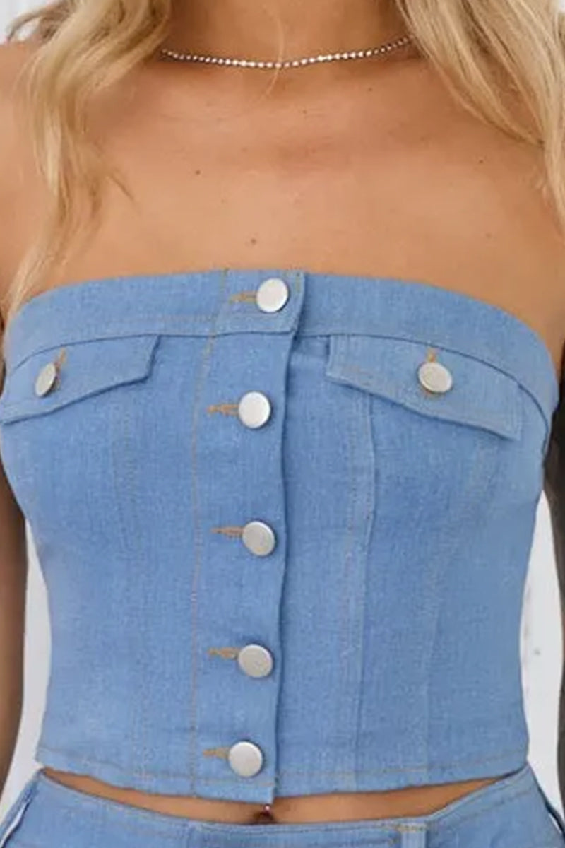 Women's Strapless Button Up Top Or  Short Denim Skirt