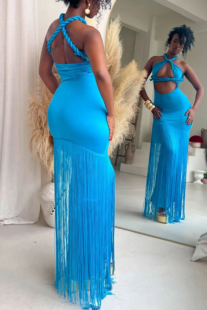 Women's Braided Detail Halter Cutout Fringe Hem Bodycon Maxi Dress