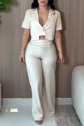 Women's Collar Short Tops+ Pants Casual Suit