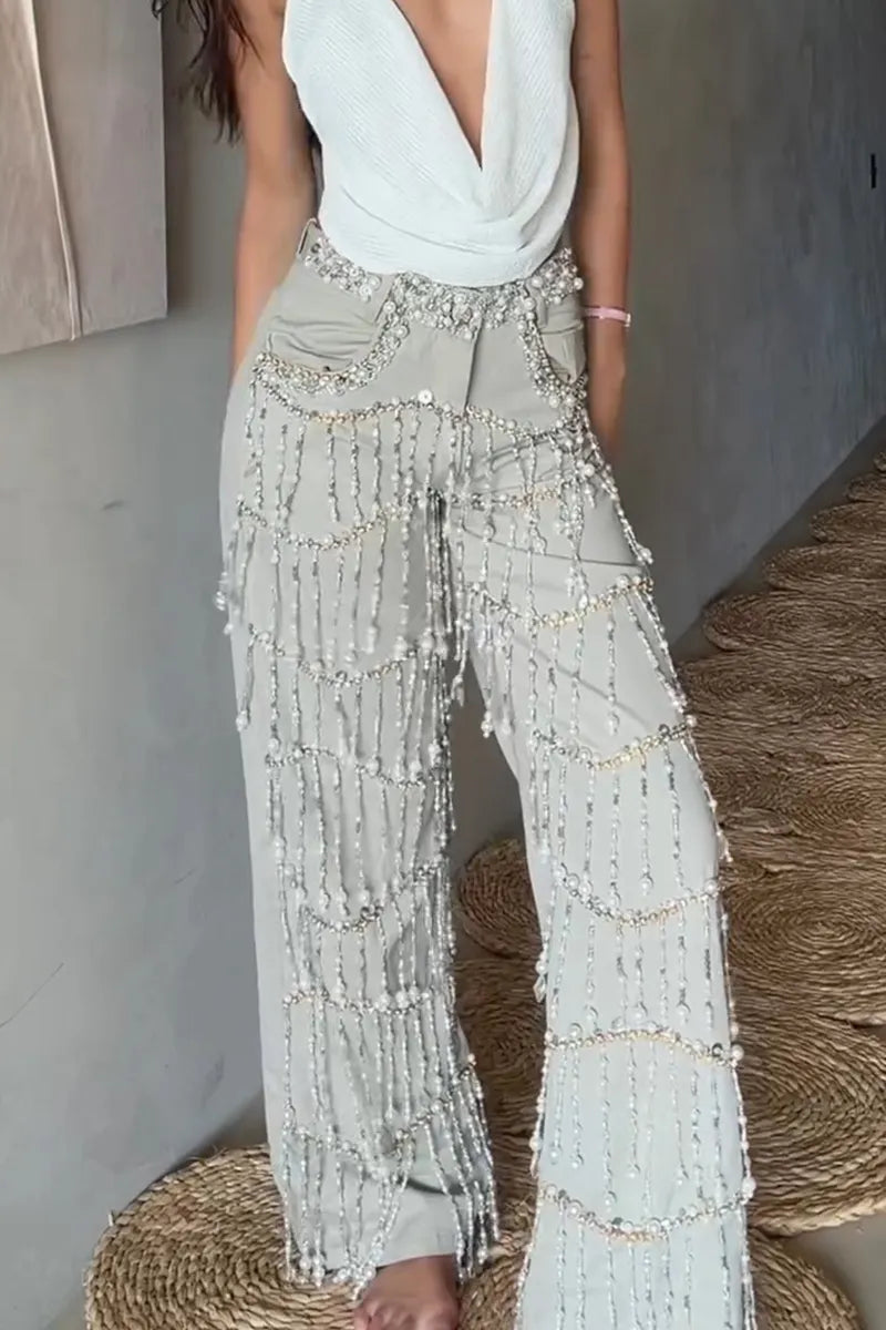 Women's Fashion Bestseller Beaded Fringe Trim Pants