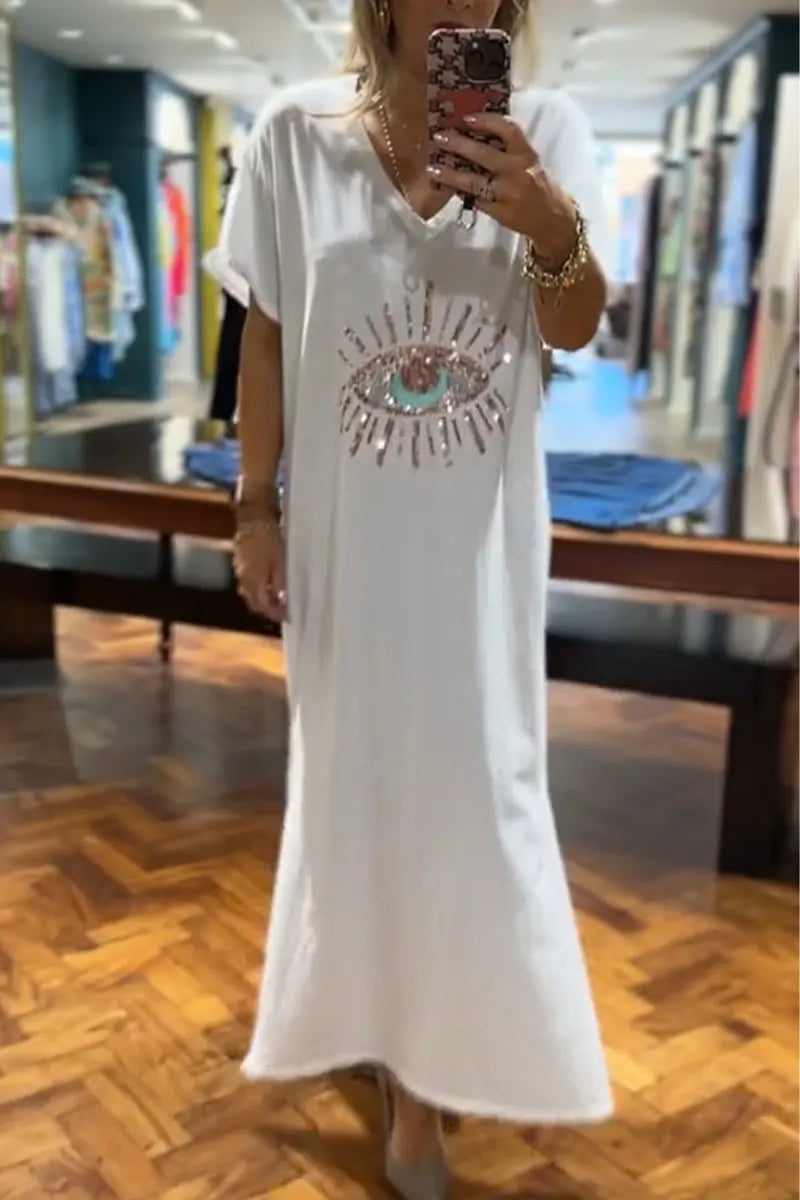 Women's V-neck Sequin Pattern Loose Casual Dress