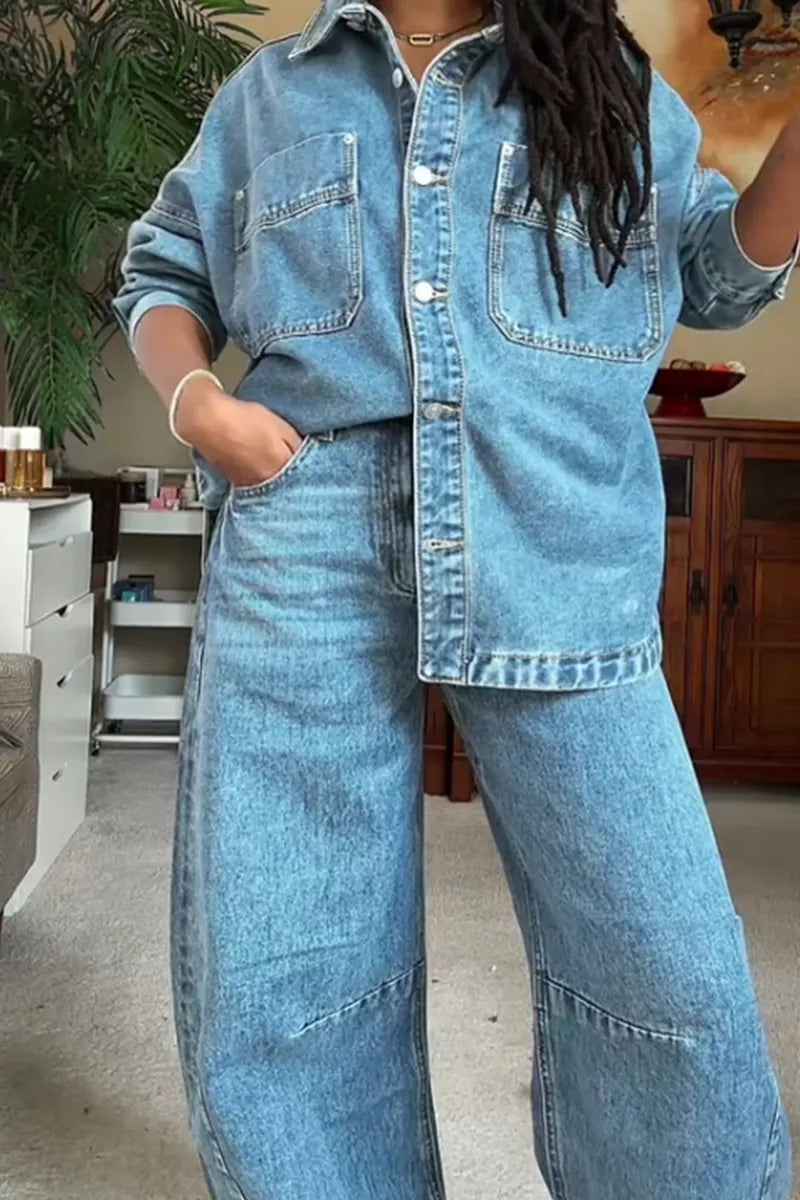 Women's Casual Loose Fit Denim Jacket Or Casual Wide Leg Jeans