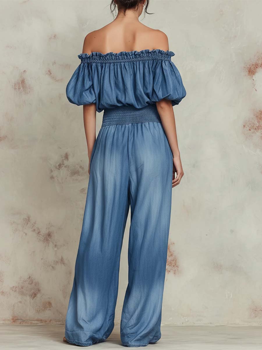 Women's Retro Stylish Shoulder-off Casual Top And Pants Denim Suits