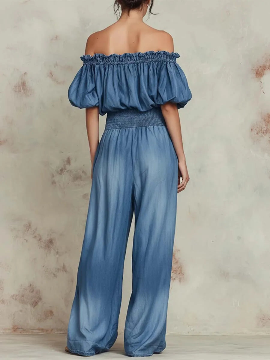 Women's Retro Stylish Shoulder-off Casual Top And Pants Denim Suits