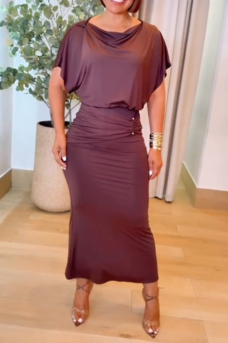 Women's Elegant Drape Neck Slim Hem Midi Dress