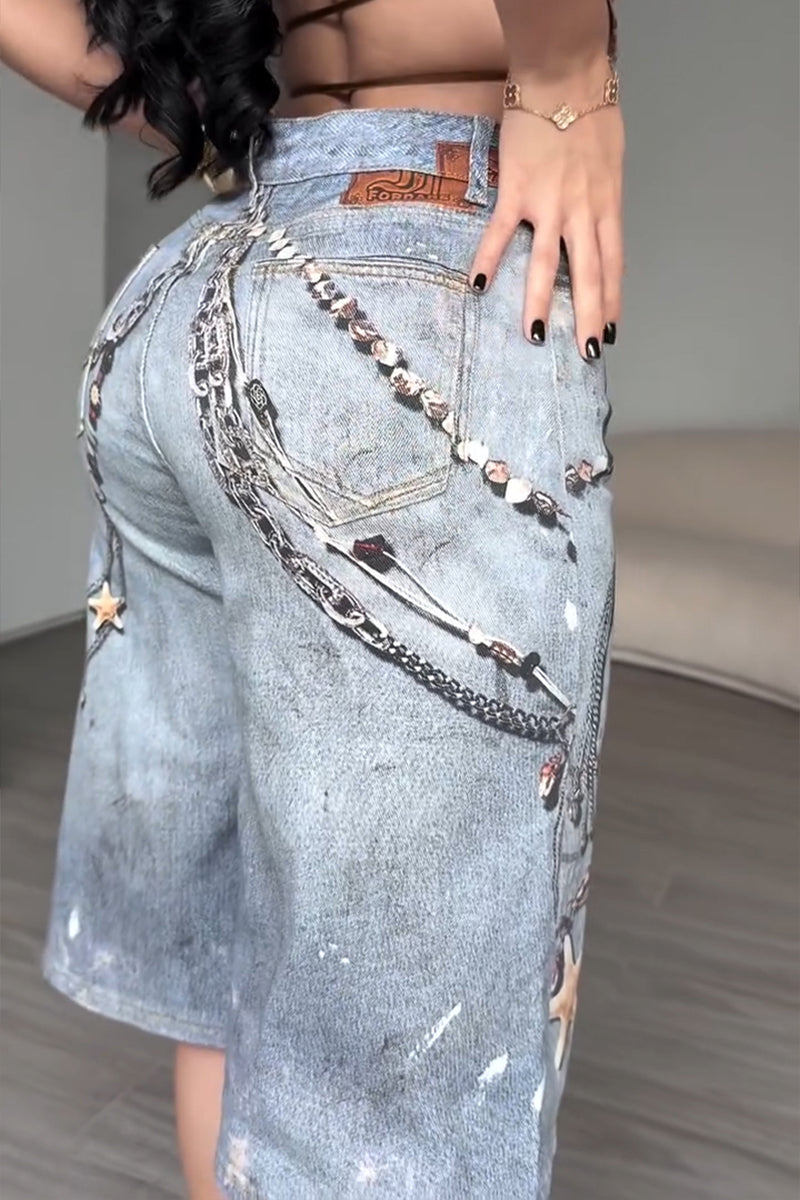 Women's Fashion Chain Pattern Print Wide Leg Short Jeans