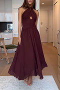 Women's Hanging Neck Hollow Waist Solid Color Elegant Temperament Dress