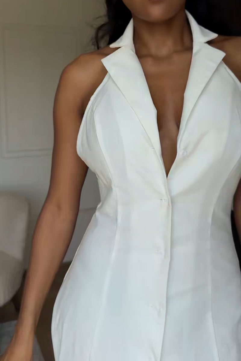 Women's Casual Lapel Backless Button Maxi Dress