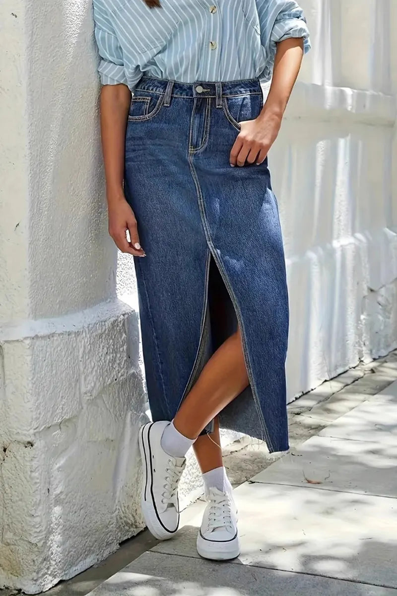 Casual High Waisted Split Hem Denim Skirts