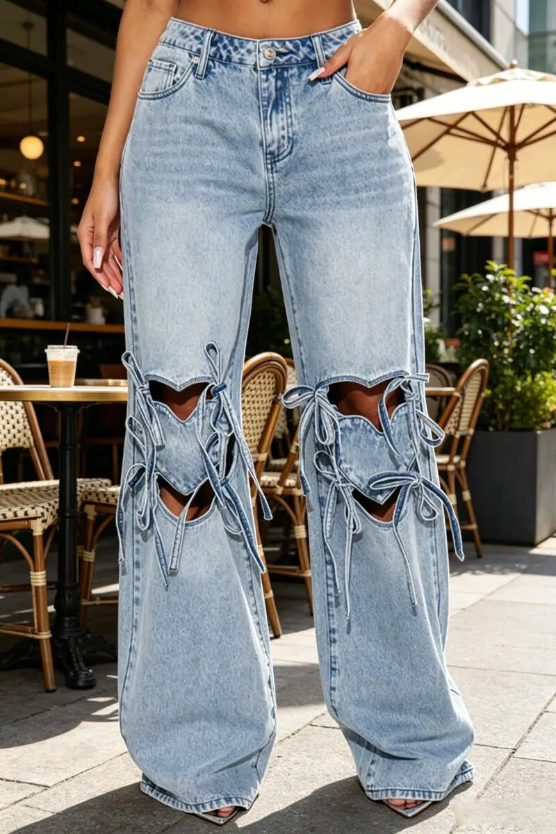 Women Washed Love Hollow Casual Jeans