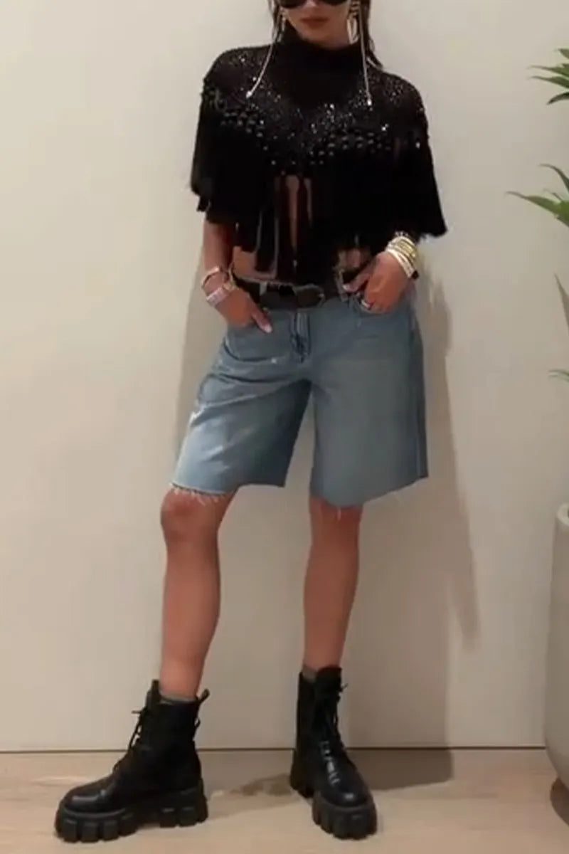 Women Round Neck Nail Bead Patchwork Tassel Irregular Top