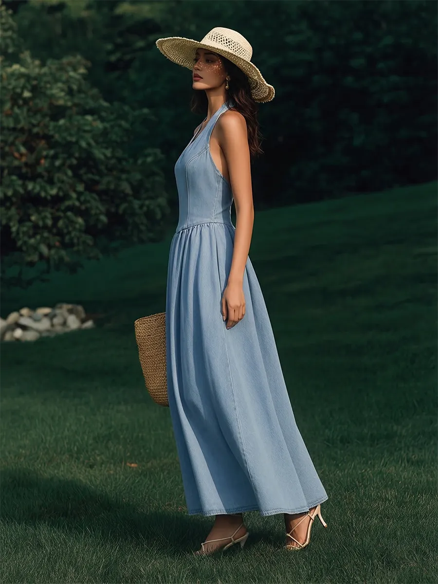 Elegant Vacation Sleeveless A-Line Denim Maxi Dress
