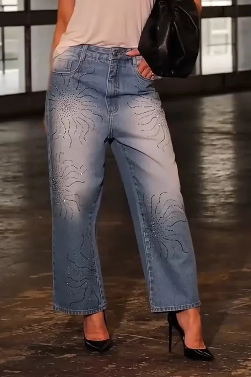Women's Fashion Pattern Rhinestone Wide Leg Jeans