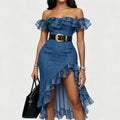 Women's Off-shoulder Denim Dress With Mesh Ruffles