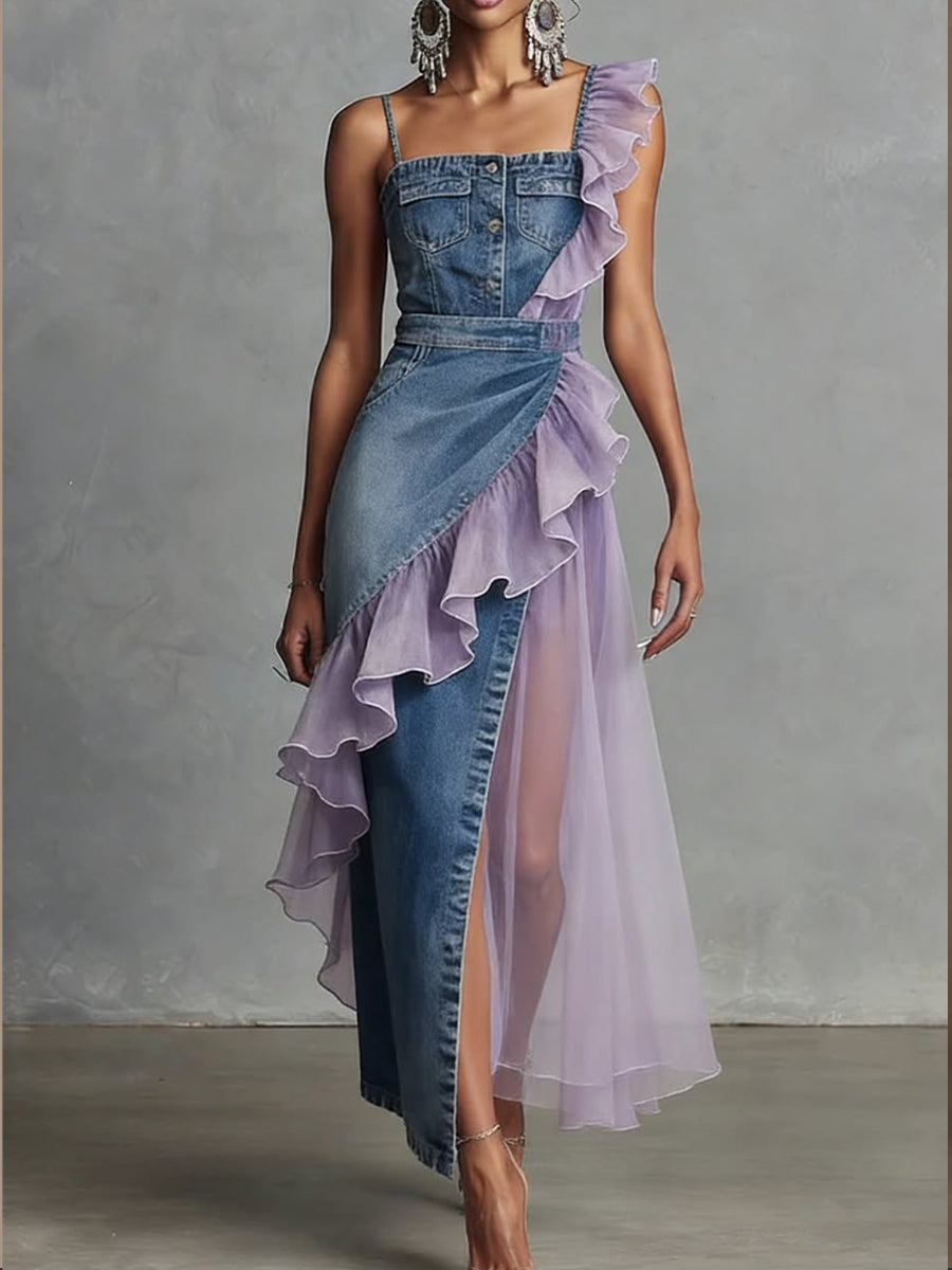 Stylish Casual Spliced chiffon And Denim Dress