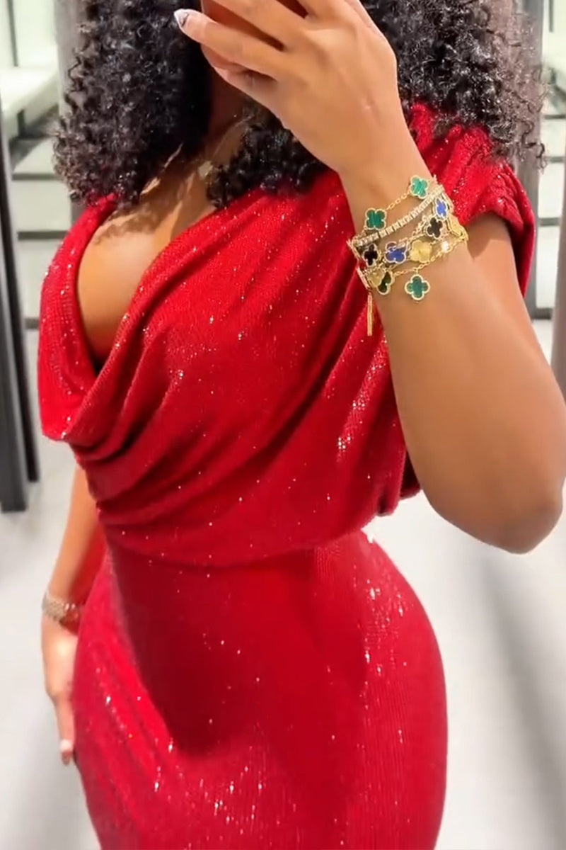 Women's Elegant Drape Neck Shiny Sequins Holiday Slim Mini Dress