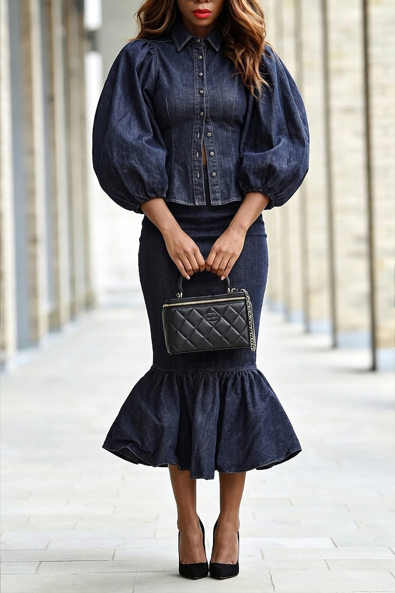 Women's Elegant Puff Sleeve Slim Denim Shirt or Ruffle Skirt