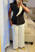 Women's Collar Contrasting Jacket+ Pants Temperament Commuting Suit