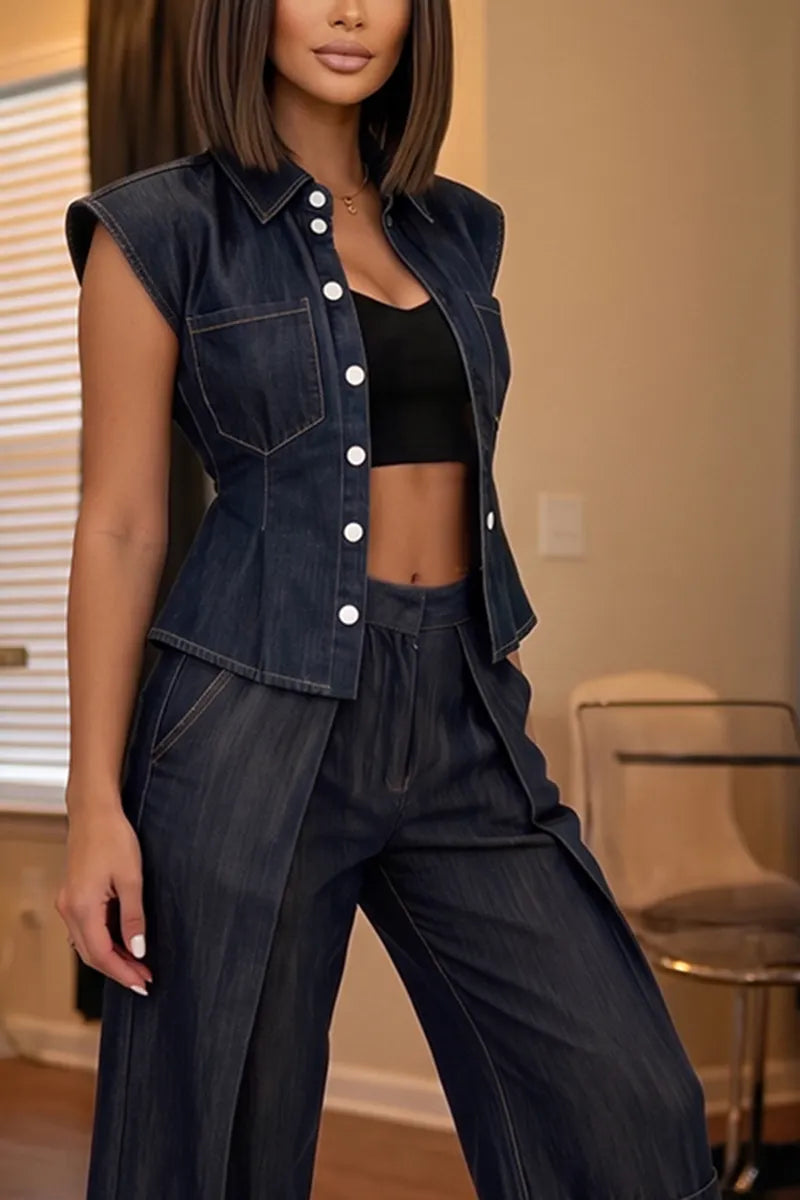 Women's Elegant Waist Cinching Denim Vest or Short Jeans