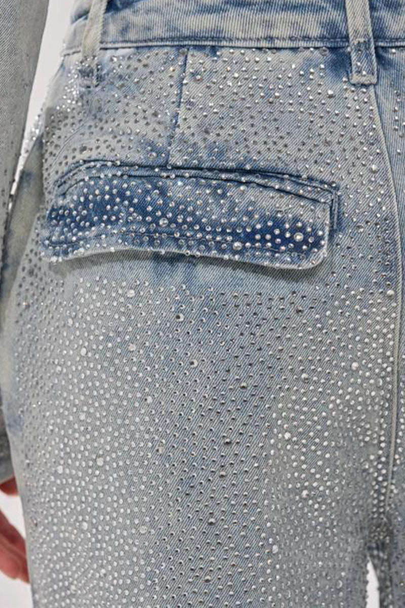 Women's Collar Hot Stamping Diamond Washed Denim Jacket or Jeans