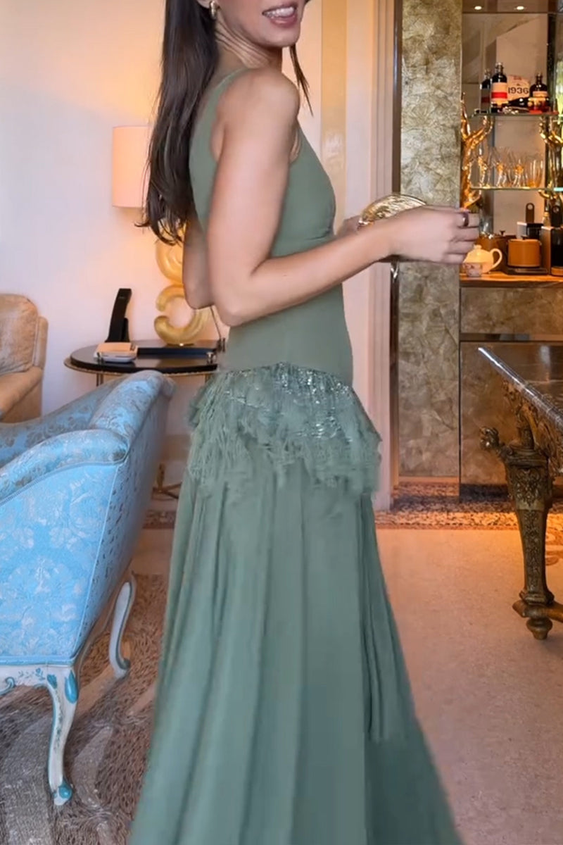 Women's Elegant Side Pleated Patchwork Asymmetric Hem Dress