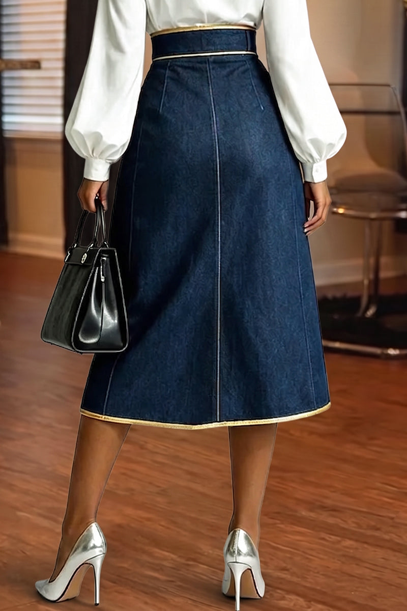 Women's Fashion Metal Hollow-Out Contrast Trim Decoration Denim Skirt