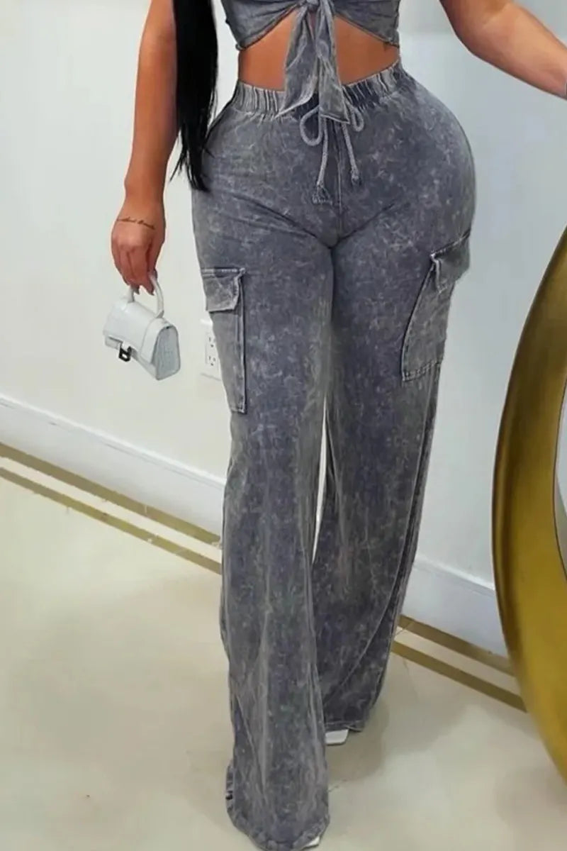 Women's Wash Effect Keyhole Tie-Front Crop Top Or Cargo Pocket Wide Leg Pant