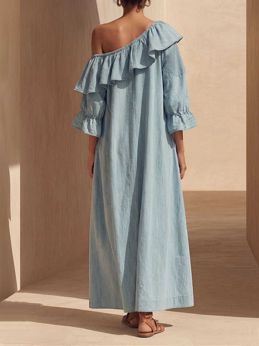 Women's Off-shoulder 3/4-sleeve Casual Loose Denim Dress