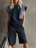 Casual Retro Denim Patchwork Navy Blue Short-sleeved Sweatshirt And Shorts Set